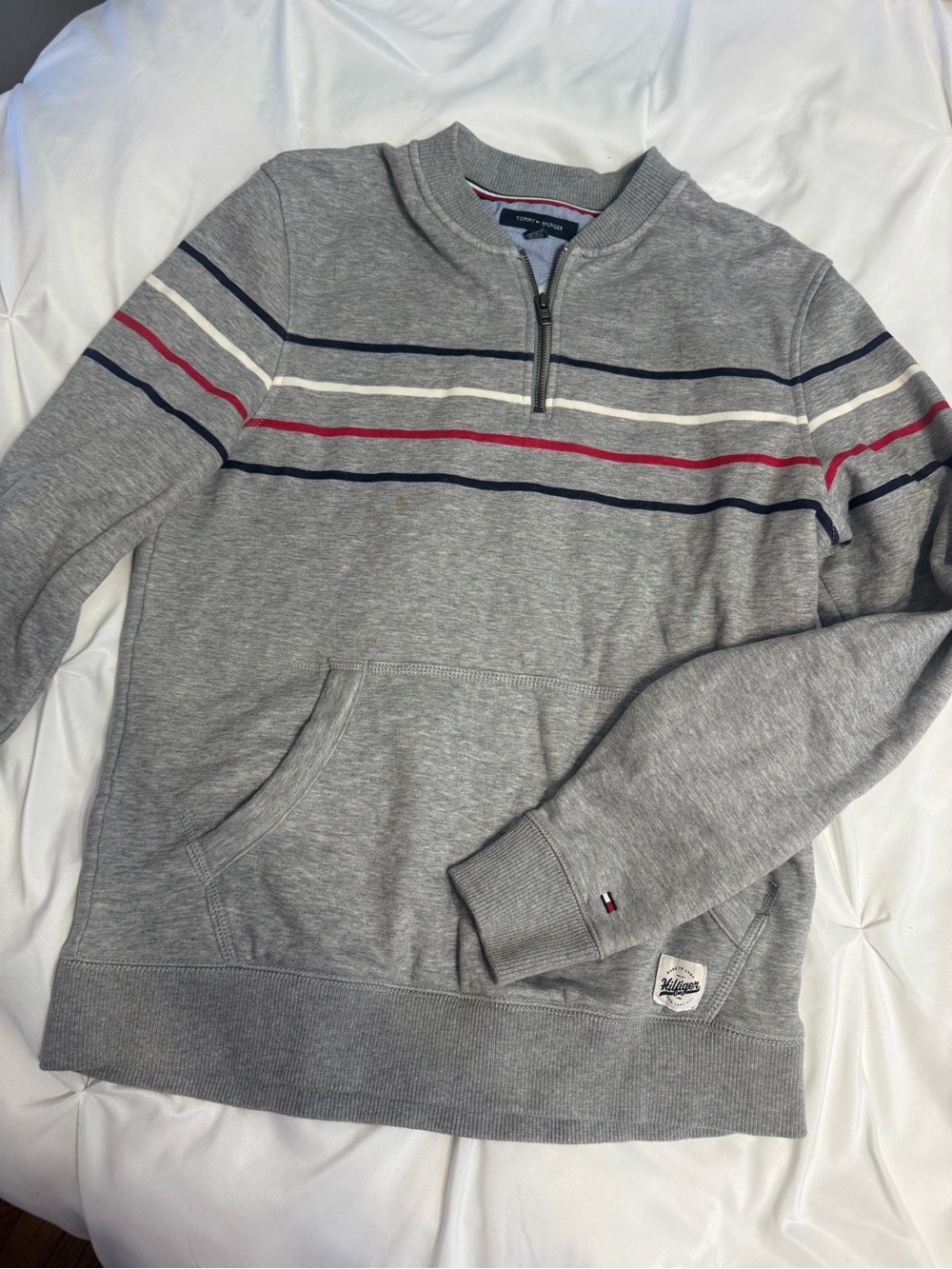 vintage Tommy Hilfiger Gray Quarter-Zip Sweater with Navy, White & Red Stripes